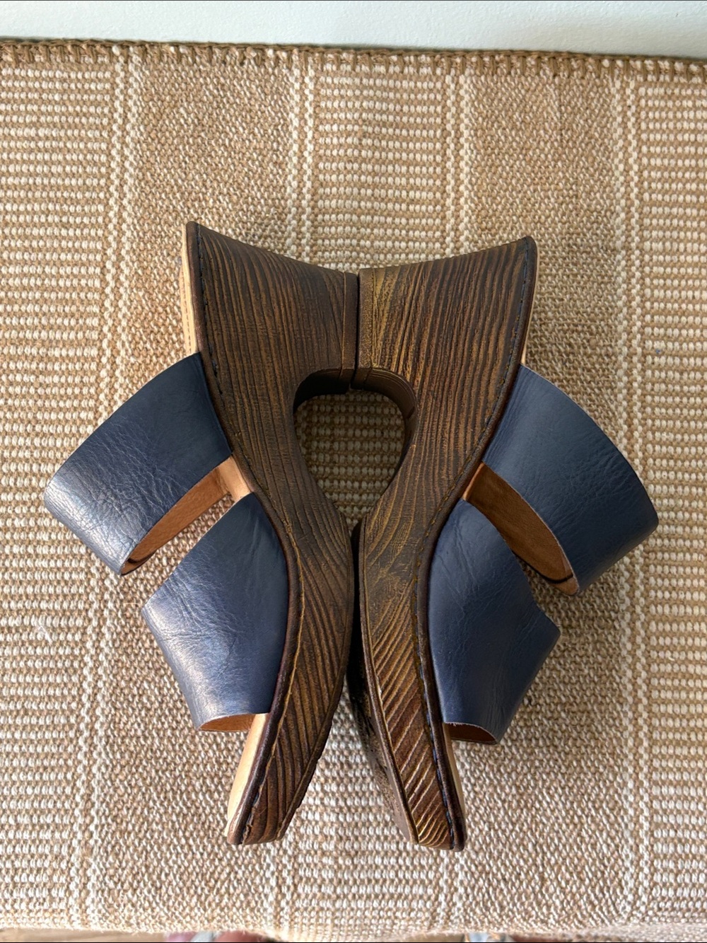 Born Navy Blue Leather Double-Strap Wedge Sandals; Adjustable buckles Size-8 - Picture 8 of 12